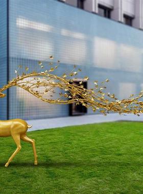 不锈钢雕塑铁艺蝴蝶鹿角梅花鹿摆件橱窗玄关酒店大堂会所动物美陈