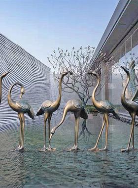 中式彷铜仙鹤雕塑摆件水池现代庭院园林景观装饰品大型玻璃钢模型