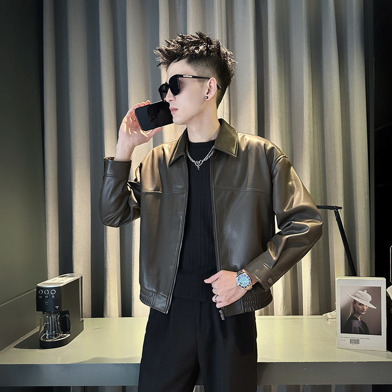 160矮个子秋冬男短款皮衣潮流小码XS休闲皮夹克青年男装S宽松外套 - 图0