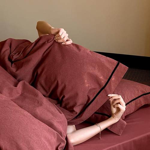 岁月经典提花浮雕全棉四件套加厚暗红色喜庆纯棉床上用品被套床单 - 图0