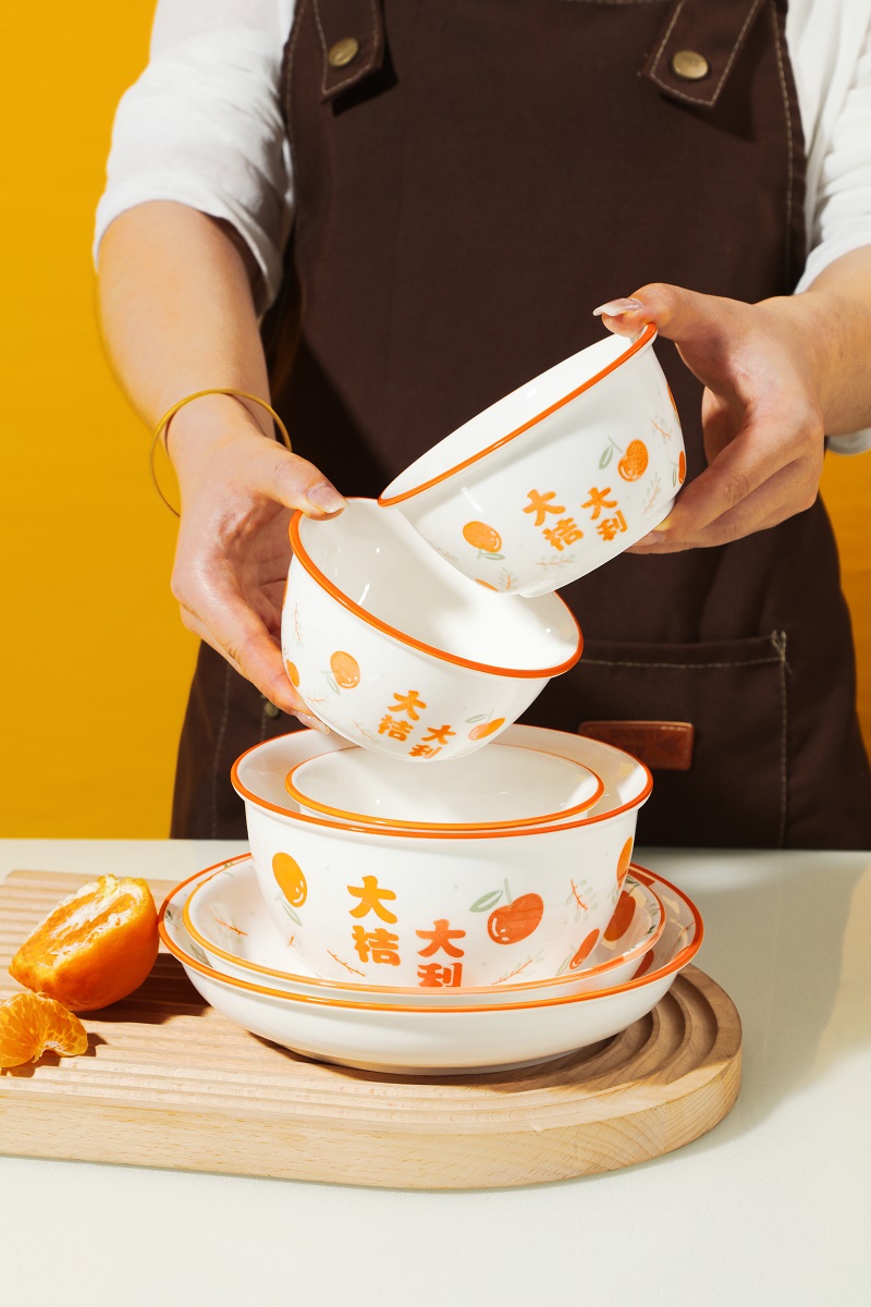 日式碗碟套装家用可爱橙色桔子餐具陶瓷吃饭碗盘碟子面碗筷勺组合