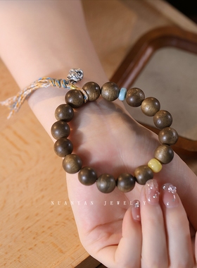 暖言正品沉香木手串男士老料檀木新款本命年足银手链文玩盘玩念珠