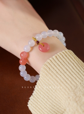 暖言天然白玛瑙手链女新中式复古甜美风显摆百搭白色珠子手串珠宝