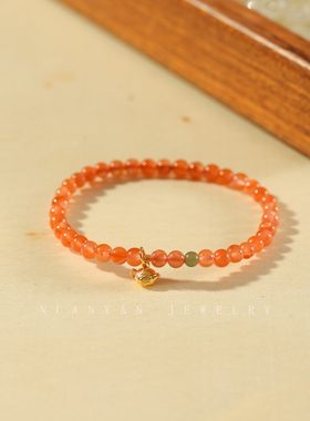 暖言天然红玛瑙银镀金茶壶手链