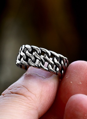 钢铁战士欧美复古不锈钢车链条戒指 钛钢铸造古巴链简约戒子
