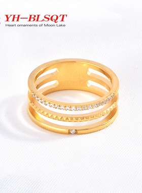 新款镂空三层齿轮微镶钻菱形指环戒指 韩国时尚潮女钛钢带