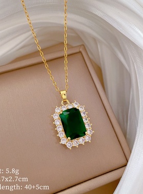 【钛钢】绿色方块满钻时尚轻奢气质华丽复古项链女百搭锁骨链钛钢
