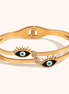 欧美双层切割链条恶魔之眼弹簧扣手镯不锈钢镀金手饰饰品女