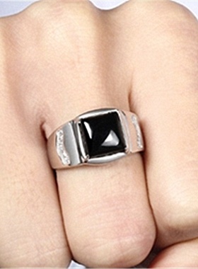 型男款霸气戒指黑玛瑙男戒开口可调节韩版光面正方黑宝石活口指环