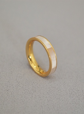 韩版黄铜镀金时尚简约七彩光晕粉白母贝拼接细窄戒指食指戒显白女