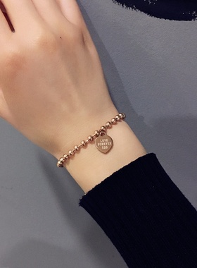欧美爱心圆牌钛钢手链女不掉色韩版简约网红冷淡风珠子手饰品