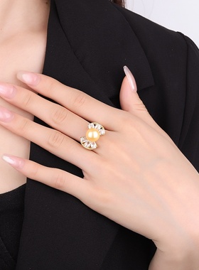 10mm蝴蝶结珍珠戒指微镶锆石白贝珍珠指环仿天然贝母珍珠调节戒指