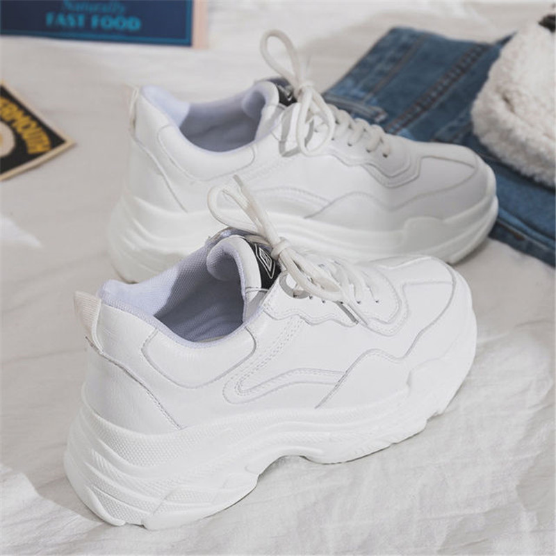 White Women Shoes New Chunky Sneakers For Women Lace-Up Whit-图1