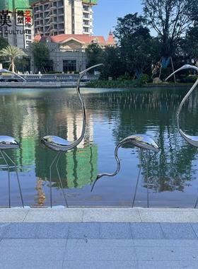 不锈钢丹顶仙鹤白鹭鸟雕塑公园林售楼部处水池景金属装饰摆件户外