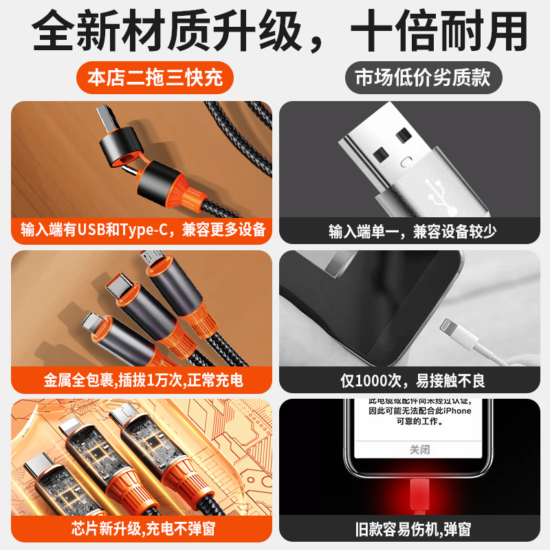 布洛克100W超级快充三合一数据线适用华为typec苹果iphone安卓手机usb充电器线车载多功能6A充电线加粗线芯