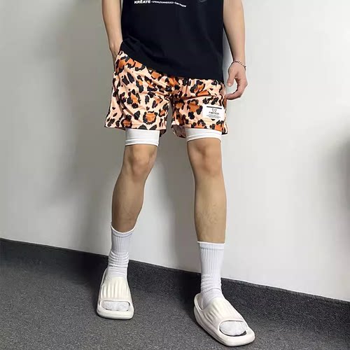 粉色假两件美式豹纹短裤男夏季跑步速干四分篮球裤休闲健身运动裤 - 图0
