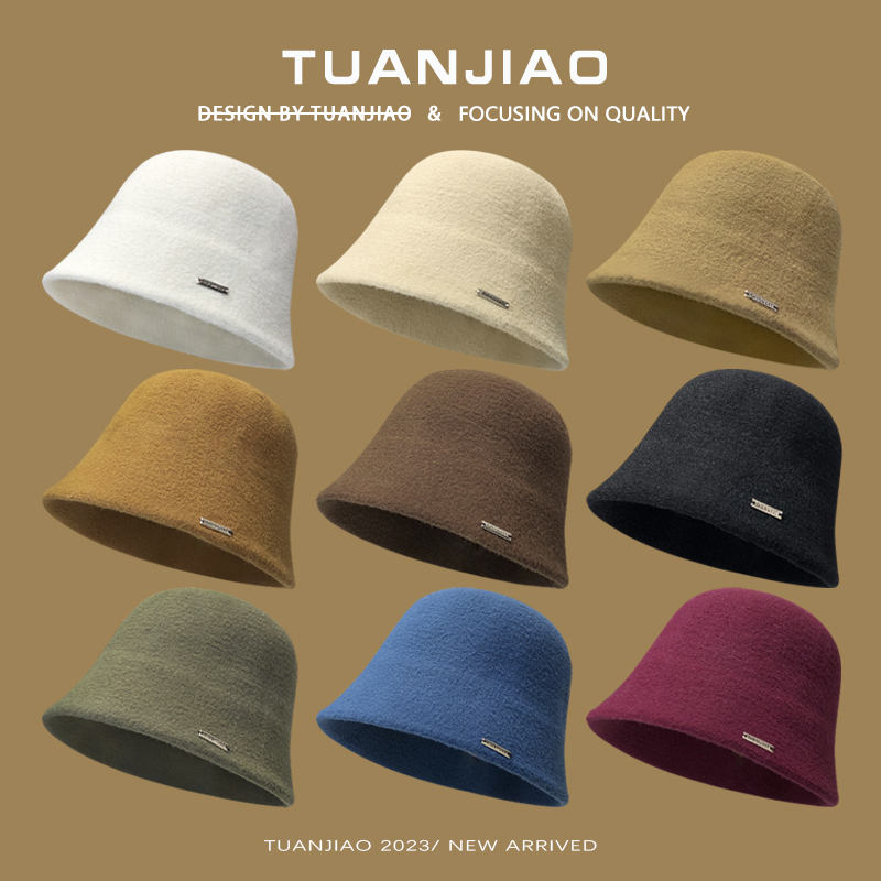 美拉德风帽子女秋冬羊毛呢针织渔夫帽洋气素颜遮脸水桶帽显脸小男 - 图1