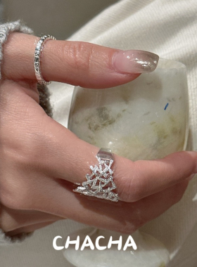 茶茶 S925纯银韩版小众设计感纹理复古破碎戒指韩式简约时尚指环