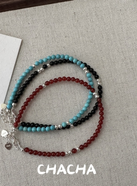 茶茶 s925纯银小红书同款玛瑙松石手链设计简约细款手串可叠戴