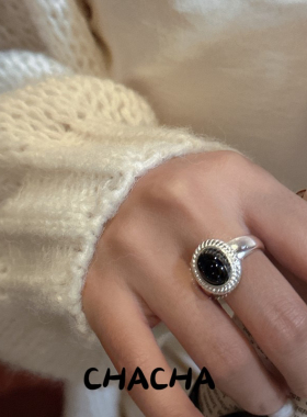 茶茶 925纯银韩版小众设计感磨砂哑光黑玛瑙戒指复古简约指环