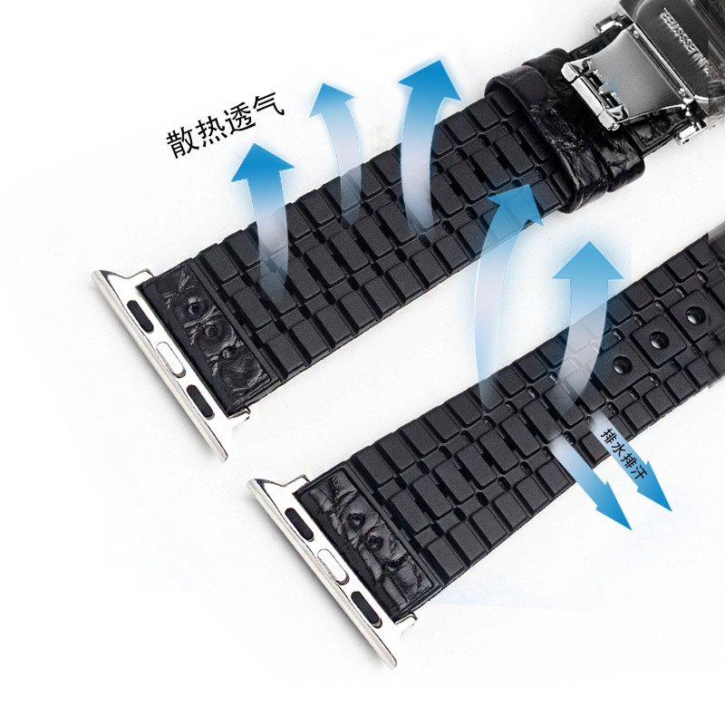 适用苹果手表表带男款真皮鳄鱼皮圆纹橡胶底里防汗防臭华强北S5/S6/S7/S8/se高级感iwatch uitra表带