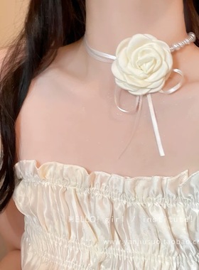 玫瑰花颈带法式布艺黑色山茶花颈链女choker气质锁骨链项链