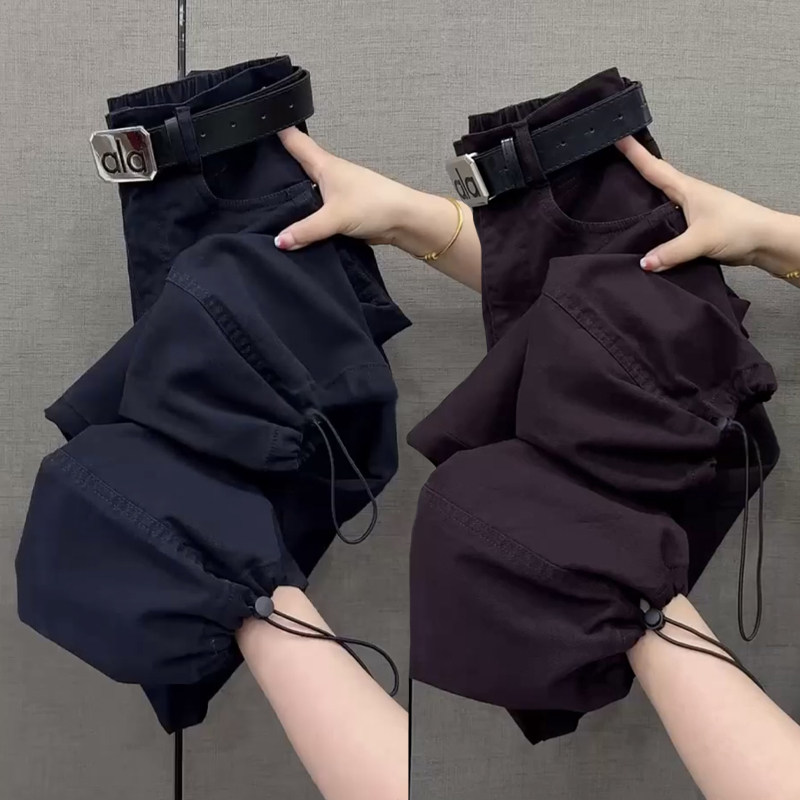 欧货春秋新款牛仔工装裤女高腰弹力显瘦弯刀裤直筒束脚两穿哈伦裤