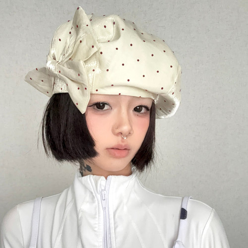 ola原创设计日系复古波点贝雷帽女珠光显脸小八角帽百搭画家帽子 - 图1