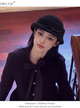 复古赫本风黑色毛呢礼帽女秋冬
