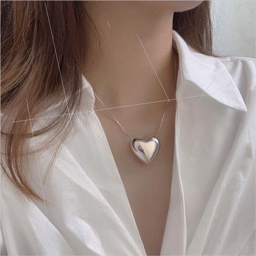 Cubic Double ded Big Heart Necklace Female che Chain Pendant - 图0