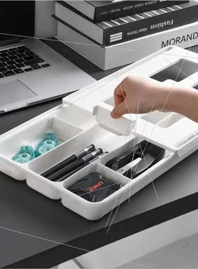 Compartmentalized drawer organizer under table to hide priva