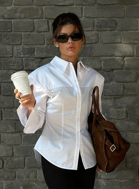 通勤白色棉质女式衬衫夏长袖