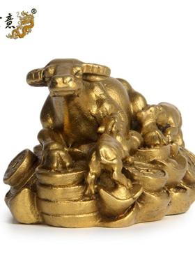 真古意 黄铜母子牛摆件铜生肖牛摆件招铜金钱元宝财牛家居装饰品