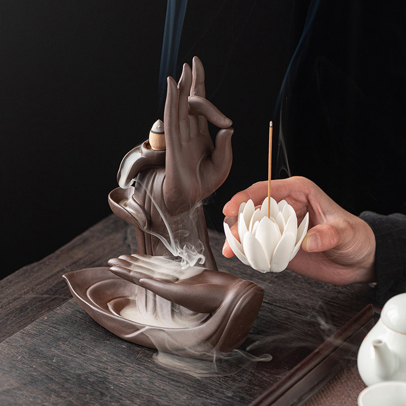 新中式紫砂倒流香炉室内家用香炉禅意佛手莲花摆件香座香插熏香炉,淘宝优惠券,粉丝福利购,淘宝优惠卷