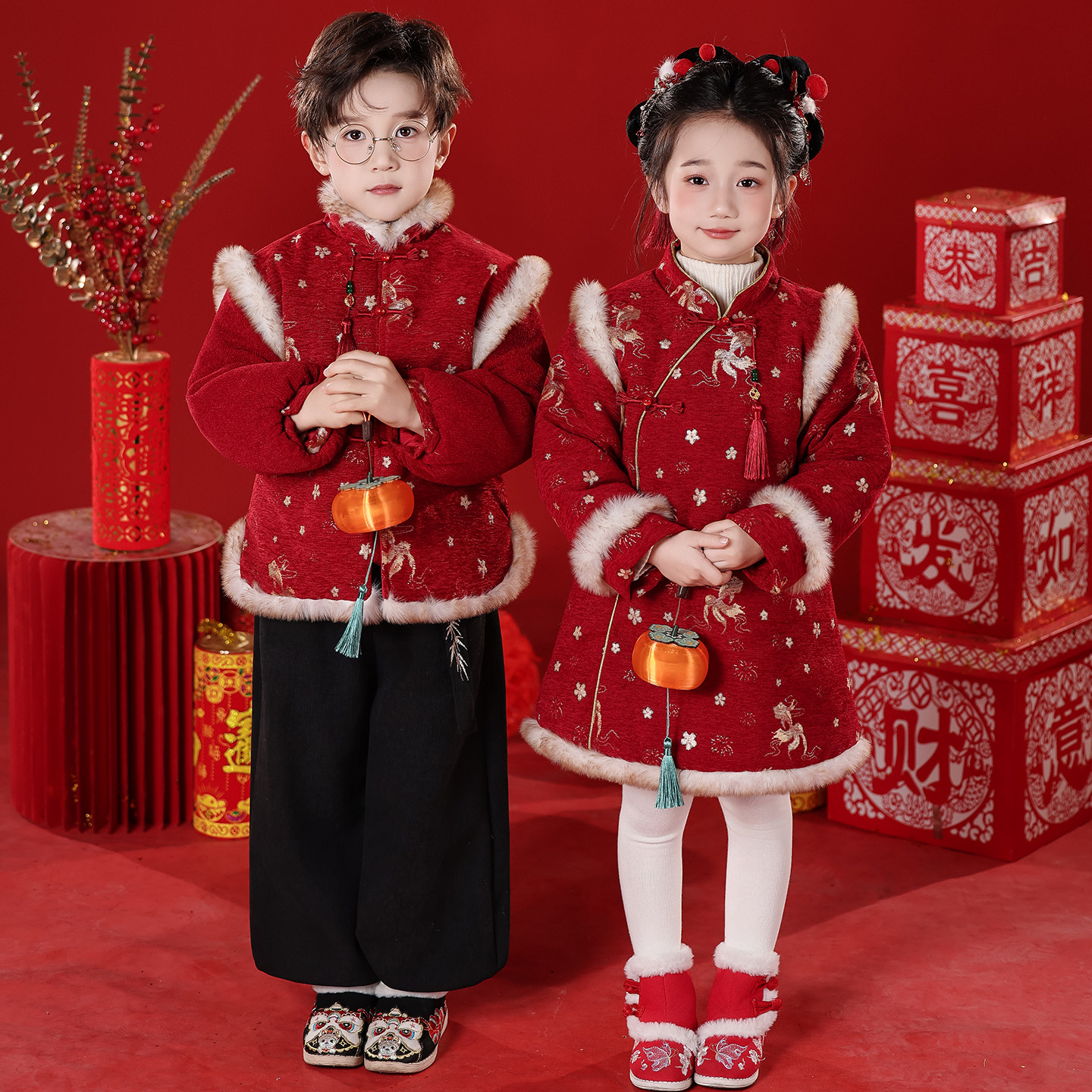 元旦儿童喜庆演出服拜年服男女童中国风新年套装冬季古风加厚唐装,淘宝优惠券,粉丝福利购,淘宝优惠卷