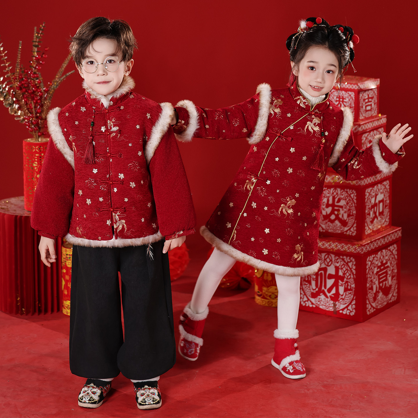 元旦儿童喜庆演出服拜年服男女童中国风新年套装冬季古风加厚唐装,淘宝优惠券,粉丝福利购,淘宝优惠卷