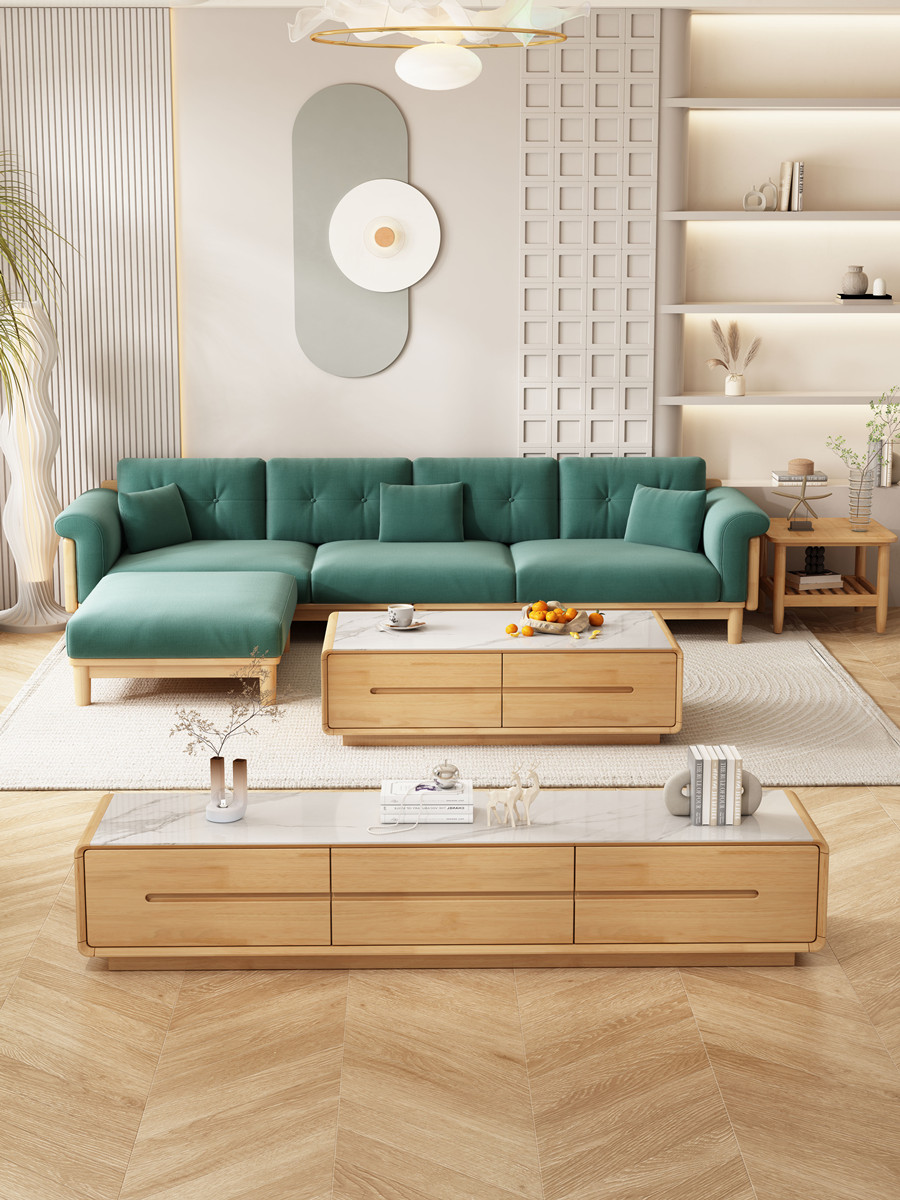 联邦家具官方中式全实木布艺沙发组合客厅小户型L型现代简约日式