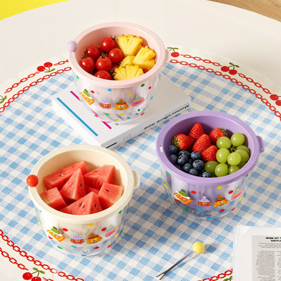 Cartoon sticker for drain basket with fruit fork, household model to separate food residues, filter basket for fruit cleaning, filter basket