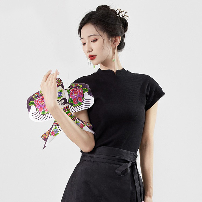 星河汉歌肃穆短袖女t恤明制汉服马面裙上衣修身新中式国风短袖黑,淘宝优惠券,粉丝福利购,淘宝优惠卷