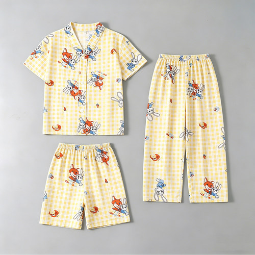 夏季儿童棉绸睡衣短袖套装男童薄款家居服套装小孩空调服三件套 - 图2