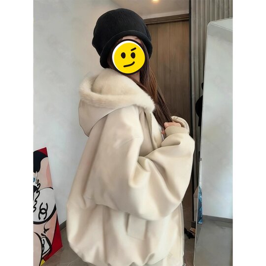 Douyin's same style velvet thickened hooded cotton jacket