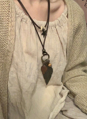 古风新中式禅意项链小众双层复古民族风羽毛吊坠蜡线项链女长款棉