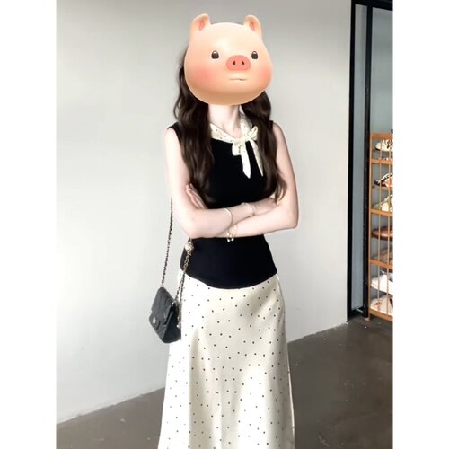 韩版时尚蝴蝶结拼接黑色针织背心女夏日绝美小吊带上衣百搭半身裙 - 图0