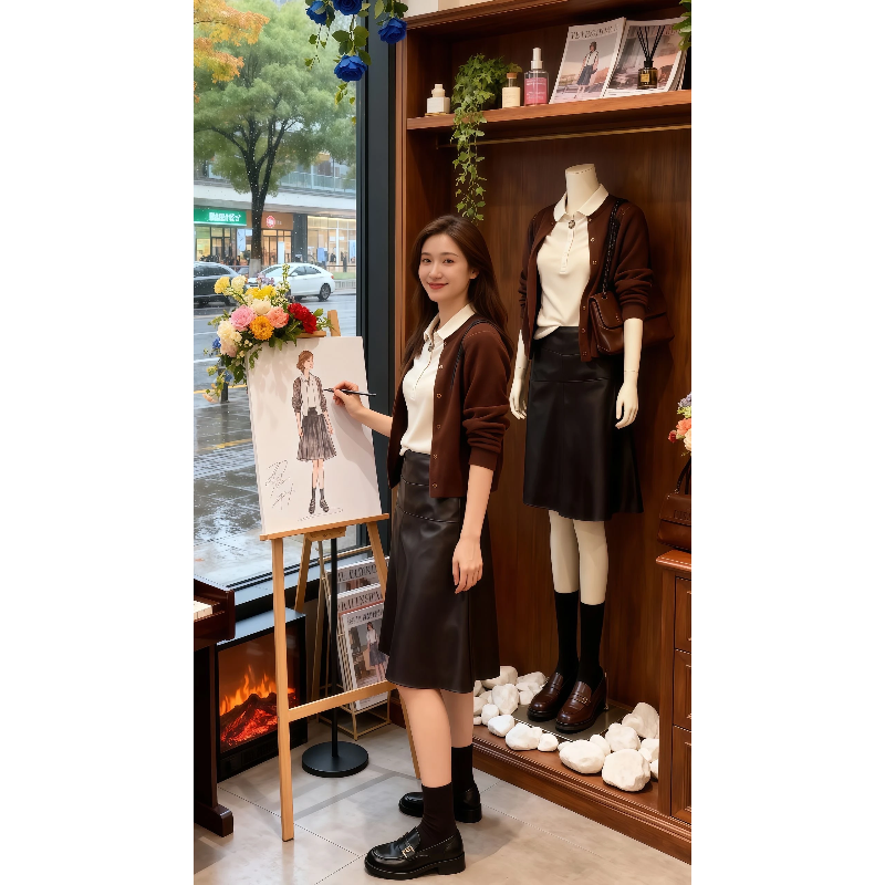 秋季一整套穿搭气韩版休闲针织开衫打底衫百搭高腰短裙三件套装女 - 图1