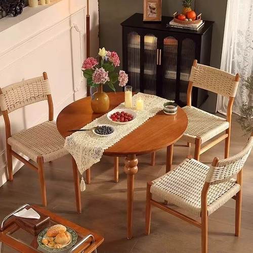 麦田椅中复古实木餐桌椅家用绳藤编靠背椅子设计师小户型极简凳子 - 图1