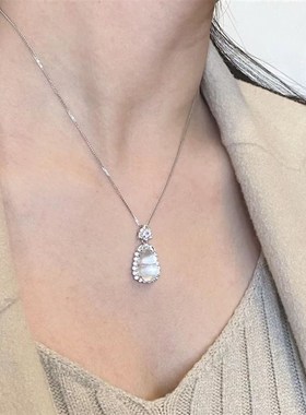 2024新款水沫玉髓冰透葫芦项链吊坠新中式气质百搭镀银镶嵌毛衣链