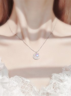 月亮项链女锁骨链纯银轻奢小众设计感F简约闺蜜饰品七夕礼物送女