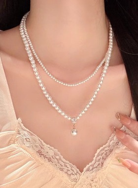 法式复古玻璃珍珠双层项链女配饰小米珠甜美轻奢小众锁骨链choker