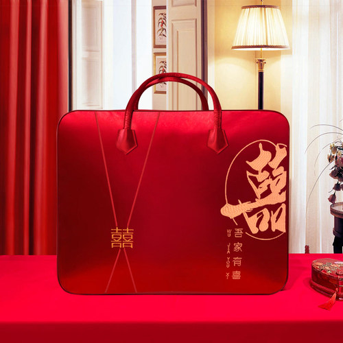 婚庆四件套红色喜被装棉被的包装袋子缎面喜庆手提结婚陪嫁收纳袋 - 图0