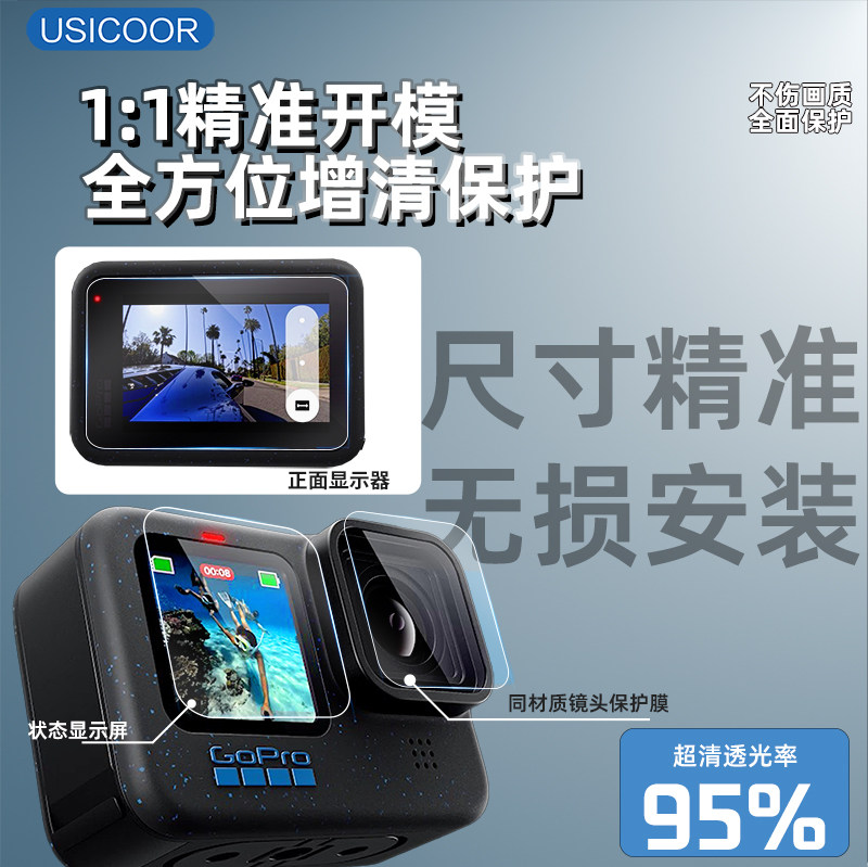 USICOOR适配gopro hero12/11AR膜高清增透保护膜gopro9/10镜头膜GOPromax运动相机显示屏防刮膜前后膜抗反光 - 图3